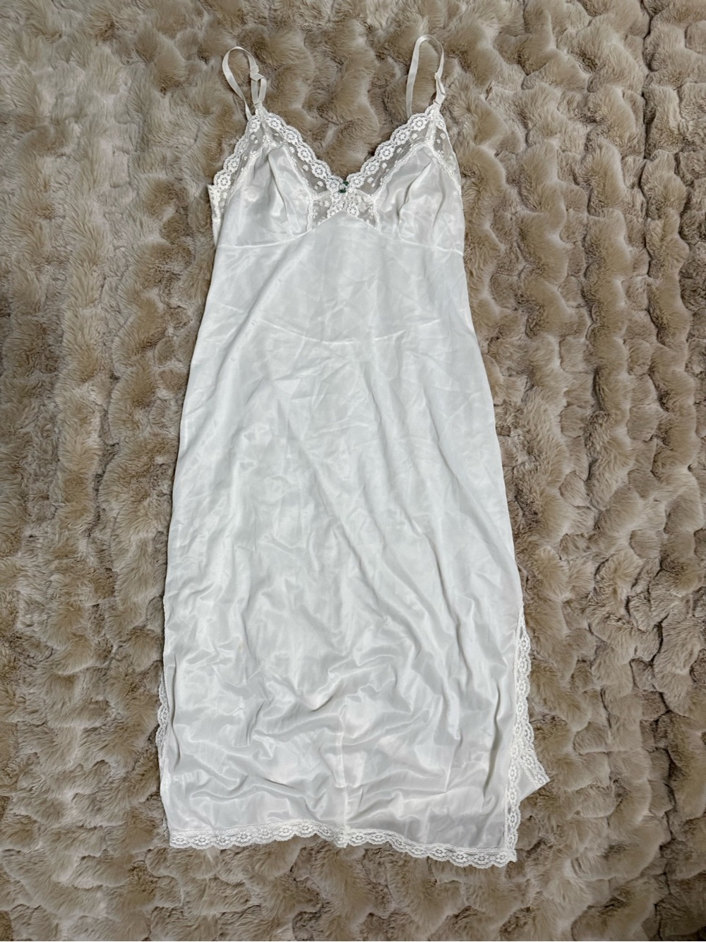 Vintage 60s Dixie Belle White Lace-Trim Satin Slip Dress